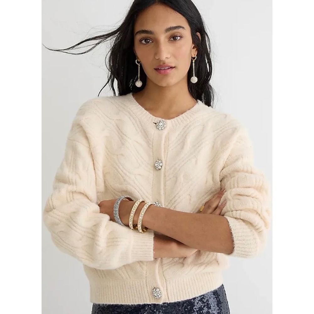 J.Crew Cable Knit Cardigan Cream Sweater Jewel Buttons Women's Sz Medium Holiday